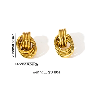Minimalist gold knotted earrings in geometric style with dimensions and weight info