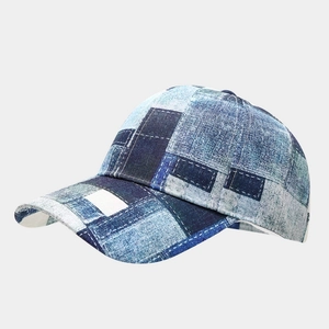 Retro distressed denim patch baseball cap with tie-dye print for outdoor sports