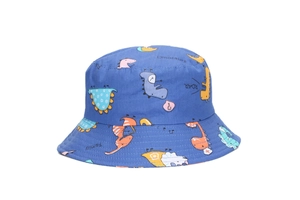 Detail of blue kids bucket hat featuring cartoon dinosaur prints and fabric texture