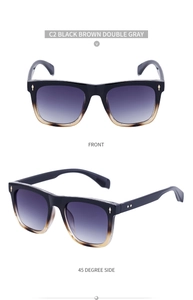 Front and side view of black brown gradient square frame sunglasses with gray lenses