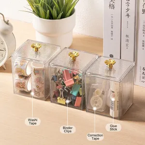 Acrylic desktop organizer set with fluted texture and golden flower handles for stationery