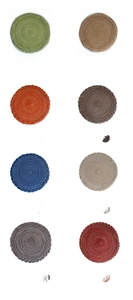 Detail view of round woven placemats in eight various colors with braided edge patterns