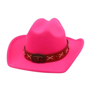 Hot pink western cowboy hat featuring a vintage bull head metal buckle and leather band