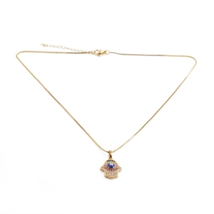 Golden Hamsa Hand necklace with Evil Eye pendant and colorful crystals on box chain