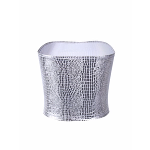 Detail of silver crocodile-textured tube top with metallic finish and embossed leather look