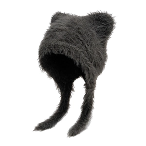 Dark grey fluffy faux fur trapper hat with cute animal ears and warm ear flaps