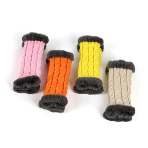 Winter cable knit fingerless gloves with faux fur trim in pink orange yellow and beige