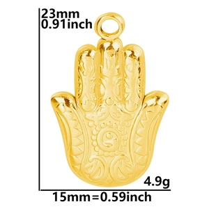Pendentif main de Hamsa en acier inoxydable plaqué or 18 carats avec dimensions précises