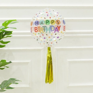 22-inch transparent 4D round Happy Birthday balloon with colorful patterns and gold tassels