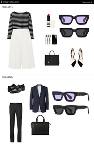 Flat lay of business casual outfits including striped suits and modern sunglasses