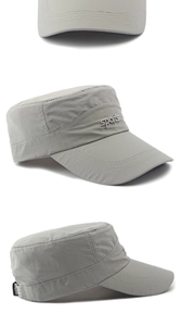 Detail of grey cadet cap showing stitching, side profile and sports embroidery detail