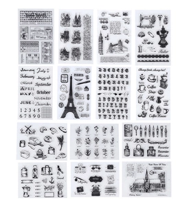 Detailed grid view of vintage transparent silicone stamps for DIY scrapbooking and journals