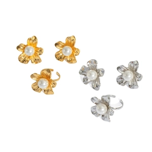 Modern 18K gold and silver stainless steel flower earrings and rings with pearls