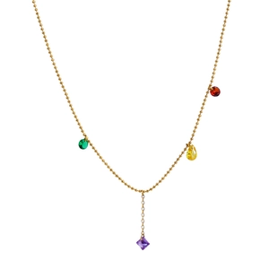 Elegant gold bead chain necklace featuring colorful teardrop pendants and purple gemstone