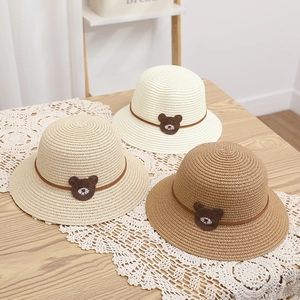 Kids Straw Sun Hat Paper Woven Breathable Wide Brim Cartoon Bear Patch Summer Outdoor Travel For Boys Girls