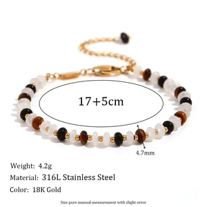 18K gold plated stainless steel bead bracelet with tiger eye and white jade stones