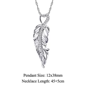 Detailed view of silver feather pendant with zircon inlay showing dimensions 12x38mm