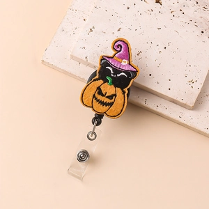 Halloween retractable badge reel with embroidered black cat in pumpkin and wizard hat