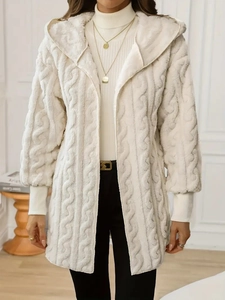 Elegant cream hooded sweater jacket for women with premium textured faux fur fabric