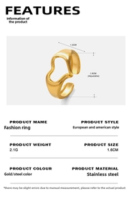 Detailed view of adjustable gold heart ring dimensions and stainless steel material info