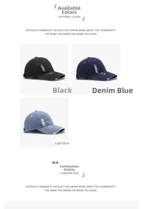 Close-up of distressed denim baseball caps with ripped holes and metal buckle details