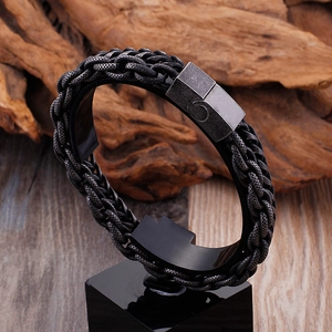 Men Vintage Stainless Steel Bracelet Double Layer Keel Chain Braided Industrial Style Blackened Magnetic Clasp Jewelry