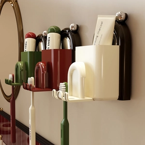 Wall-mounted suction cup toothbrush holder and cup set for organized bathroom storage