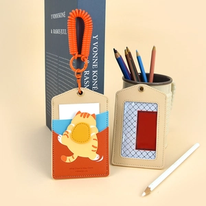 Cartoon panda and cat PU leather card holder with retractable spring keychain strap