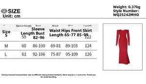 Size guide table for women's off-shoulder lace maxi dress with bodycon fit measurements