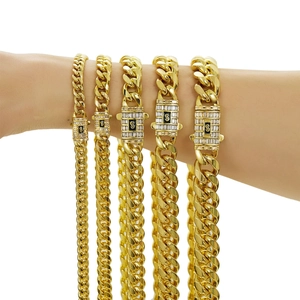 Five gold Cuban necklaces with cubic zirconia buckles shown on a wrist for size comparison