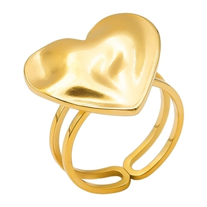 Minimalist adjustable heart ring in gold stainless steel with unique wrinkled texture