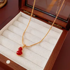 New Chinese style 18K gold plated double-sided red gourd necklace on premium wood gift box