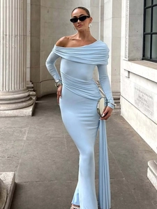 Elegant light blue off-shoulder long-sleeve draped dress for women with ruched details