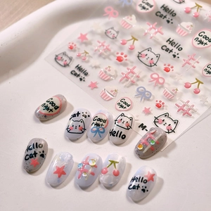 Autocollants nail art mignons style japonais avec chats et motifs gelée pour manucure DIY