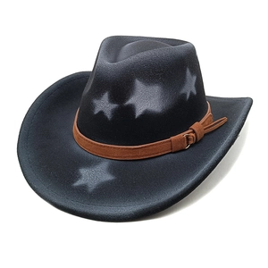 Classic western wool cowboy hat with white star print and brown leather decorative band