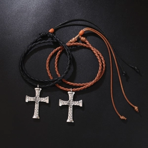 Punk vintage bolo tie with cross heart pendant and woven leather cord necklace