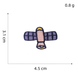 Detailed embroidery patch of purple satellite with dimensions 4.5cm by 3.1cm