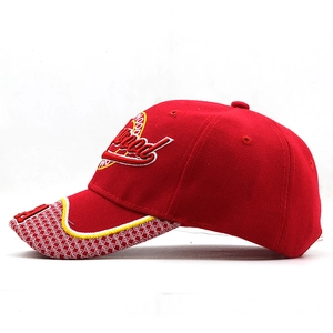 Detail of 3D embroidery and plaid brim on a red flat-bill baseball cap