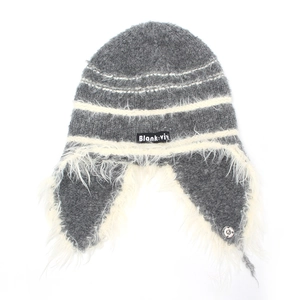 Dark grey knitted trapper hat with white stripes and plush faux fur lining for winter