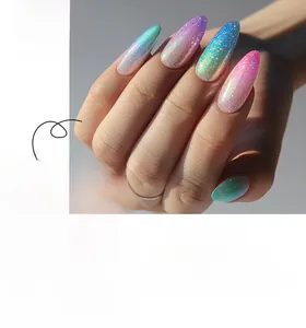 Macro detail of almond-shaped gradient glitter press-on nails with shimmering pearlescent finish