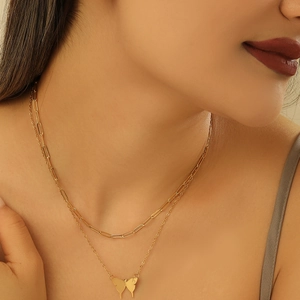 Double-layered 18K gold-plated stainless steel butterfly necklace with engraved initial A
