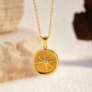 18K gold plated titanium steel necklace with starburst compass zircon pendant on O-chain
