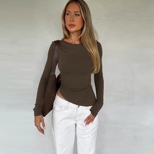 Women's tight coffee brown long sleeve tee with asymmetrical hem for autumn style