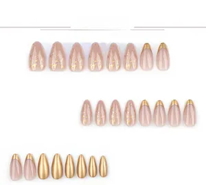 Detailed set of 24 almond-shaped press-on nails with pink glitter and gold leaf design