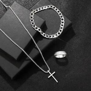 Three-piece men's hip hop set with silver cross pendant, Cuban bracelet, and ring