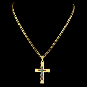 Golden stainless steel cross necklace for women with vibrant multi-color rhinestones