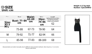 Detailed size chart for the black lace patchwork mini dress from size XS to L