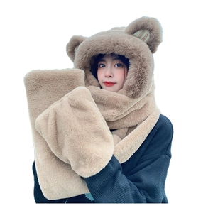 3-in-1 thick fleece hoodie scarf with bear ears and pocket gloves in light brown color