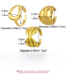 Size chart for gold flower heart starfish open rings in titanium steel with measurements
