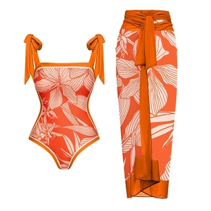 Women One Piece Swimsuit And Floral Print Sarong Tropical Tie Shoulder Beach Vacation Swimwear Nylon